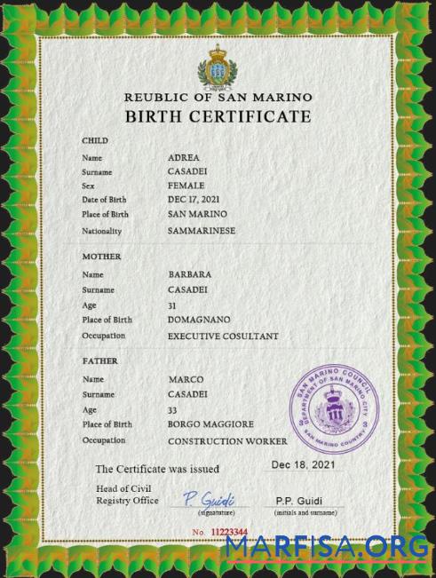 Blank San Marino birth certificate PSD template